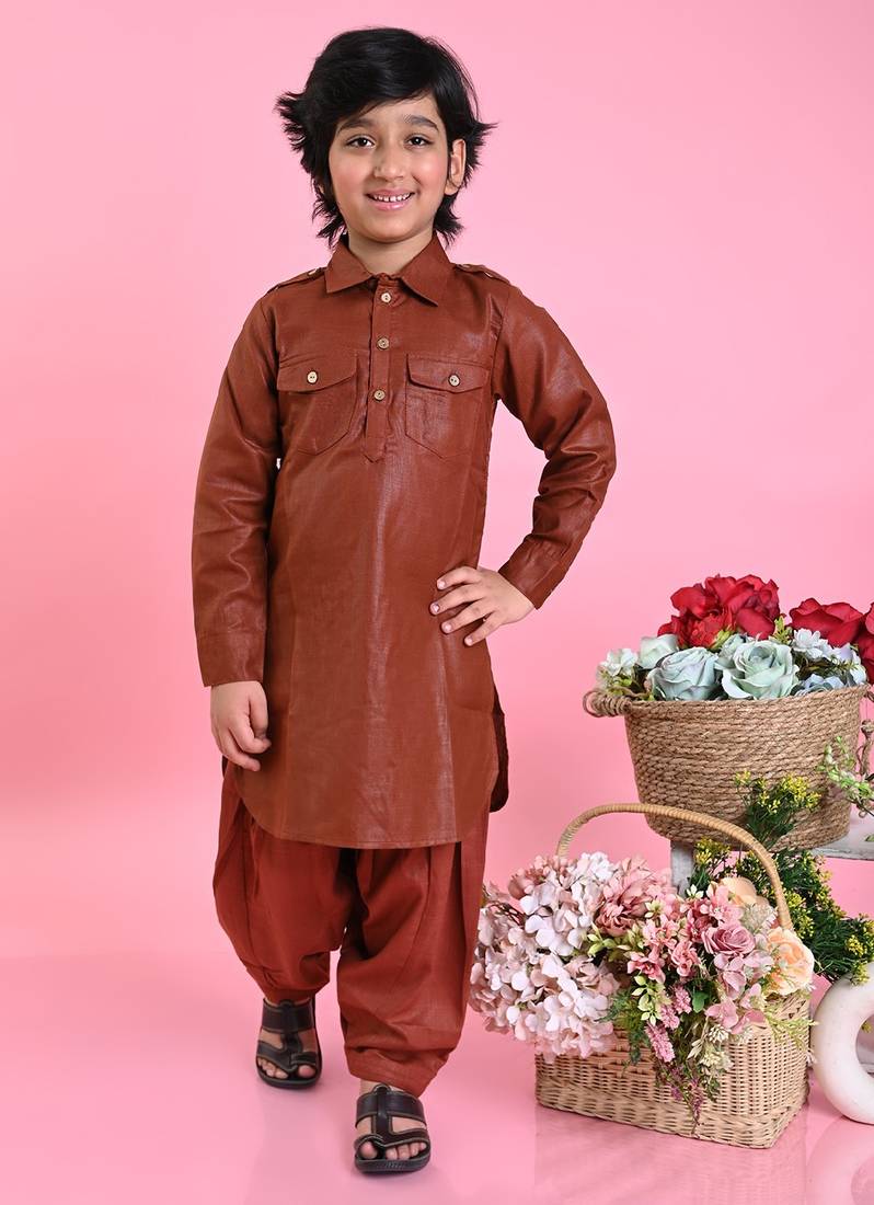 Saka Designs Boys Brown Cotton Pathani Kurta