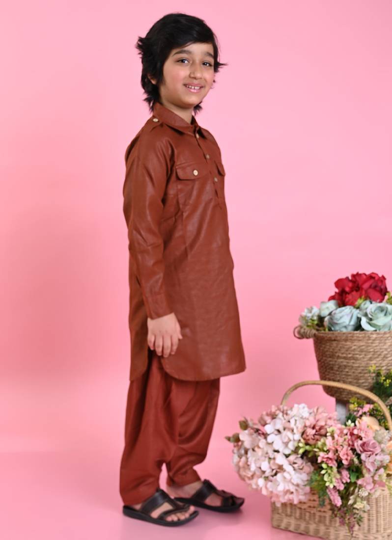 Saka Designs Boys Brown Cotton Pathani Kurta