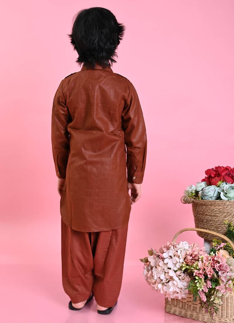 Saka Designs Boys Brown Cotton Pathani Kurta