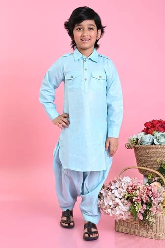 Saka Designs Boys Sky Blue Cotton Pathani Kurta