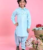 Saka Designs Boys Sky Blue Cotton Pathani Kurta