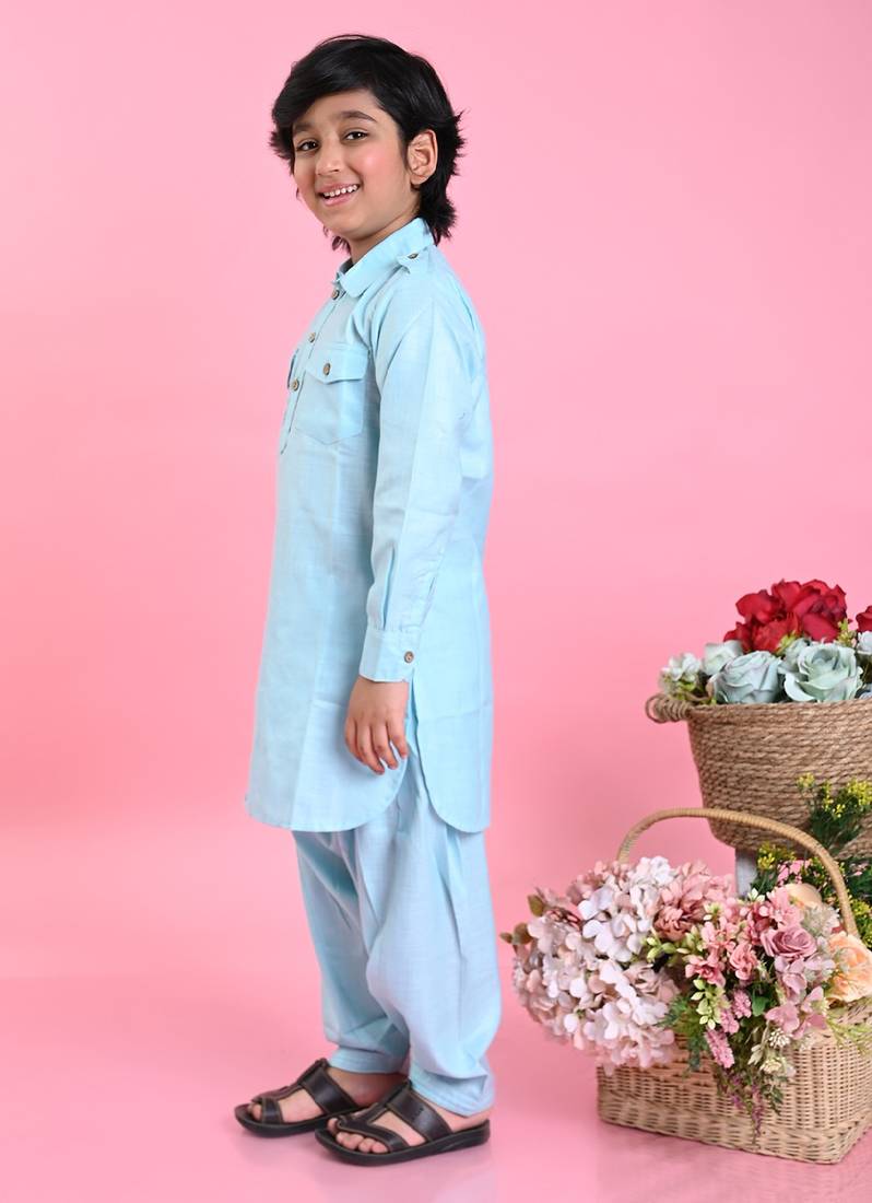 Saka Designs Boys Sky Blue Cotton Pathani Kurta