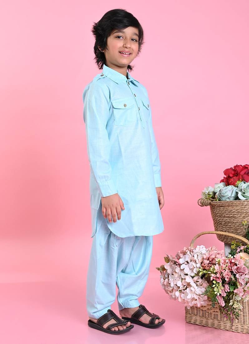 Saka Designs Boys Sky Blue Cotton Pathani Kurta