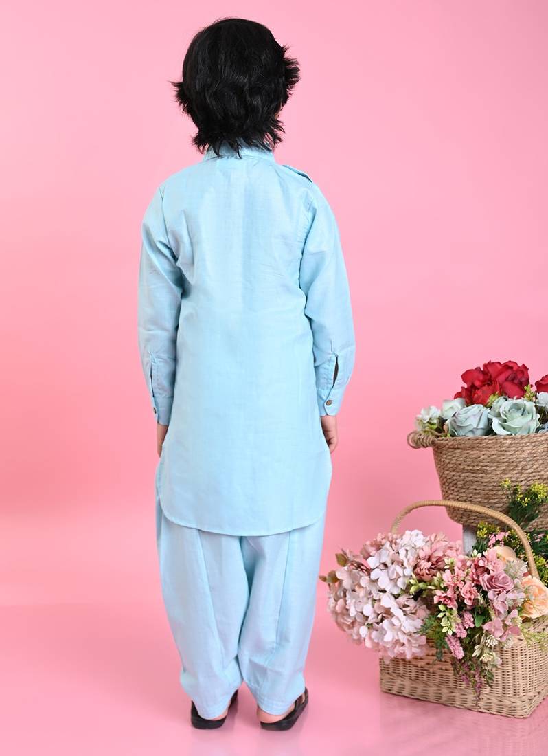 Saka Designs Boys Sky Blue Cotton Pathani Kurta