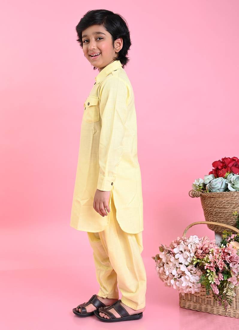 Saka Designs Boys Yellow Cotton Pathani Kurta