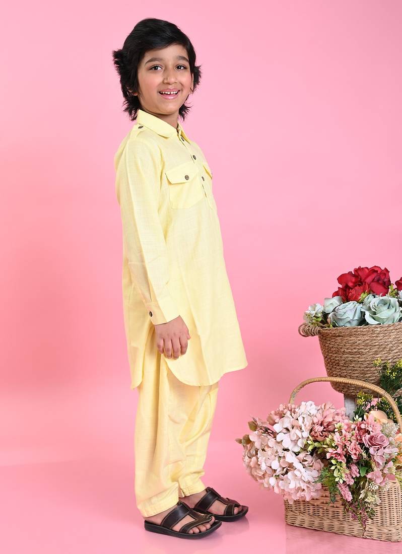 Saka Designs Boys Yellow Cotton Pathani Kurta