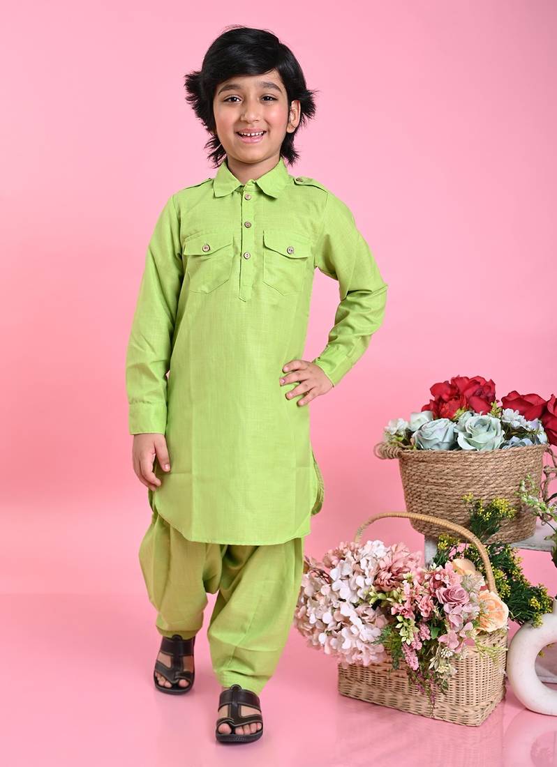 Saka Designs Boys Green Cotton Pathani Kurta