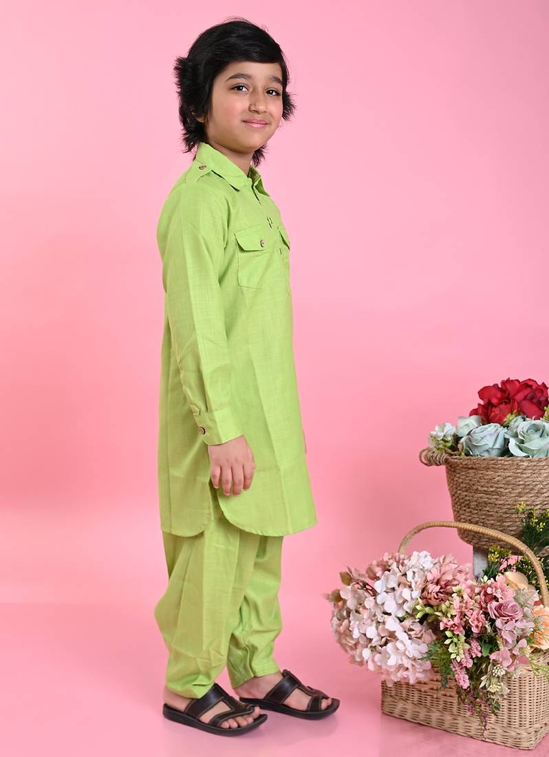 Saka Designs Boys Green Cotton Pathani Kurta