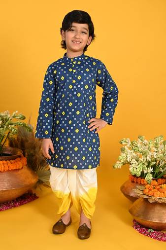 Saka Designs Boys Blue Bandhani Printed Cotton Kurta with tie-Dye Dhoti