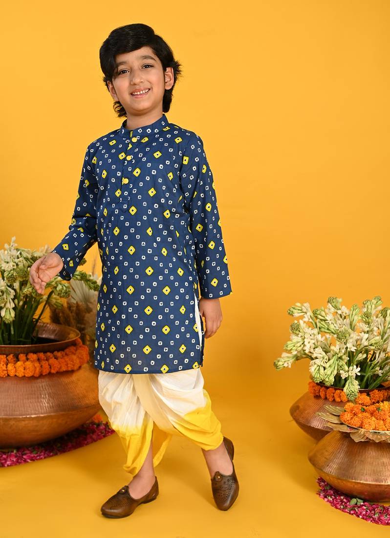 Saka Designs Boys Blue Bandhani Printed Cotton Kurta with tie-Dye Dhoti