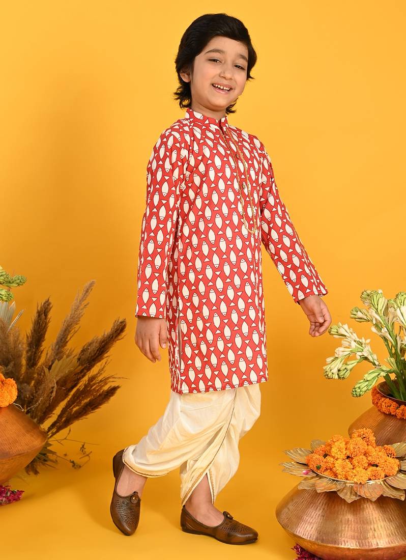 Saka Designs Boys Red Querky Fish Printed Kurta with Dhoti