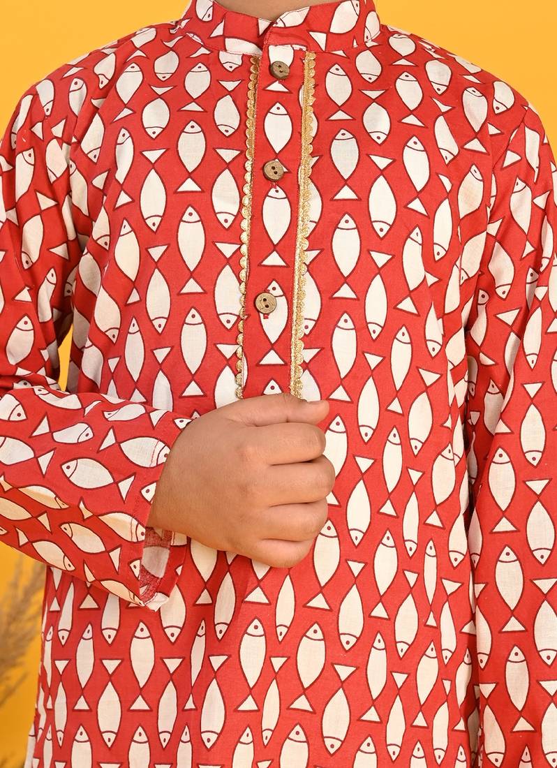 Saka Designs Boys Red Querky Fish Printed Kurta with Dhoti