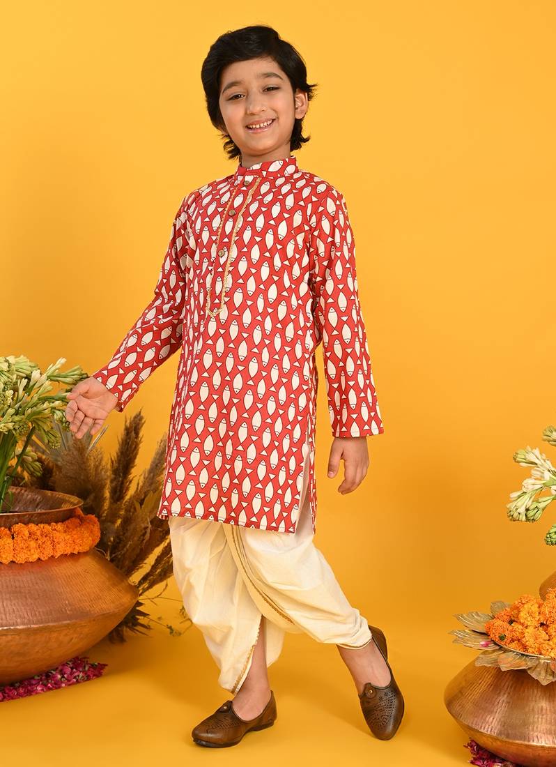 Saka Designs Boys Red Querky Fish Printed Kurta with Dhoti