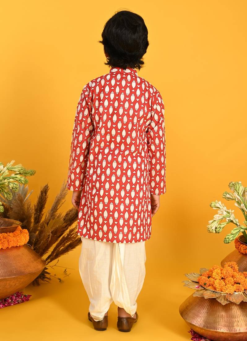 Saka Designs Boys Red Querky Fish Printed Kurta with Dhoti