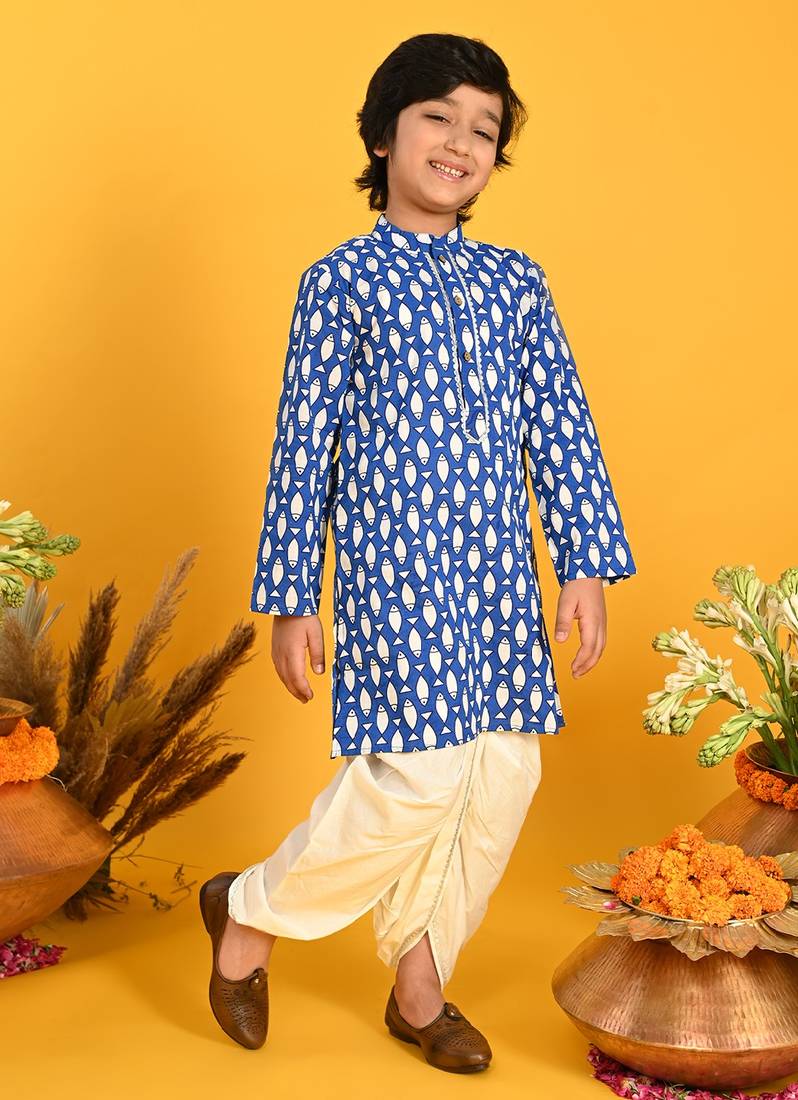 Saka Designs Boys Blue Quirky Fish Printed Kurta with Dhoti