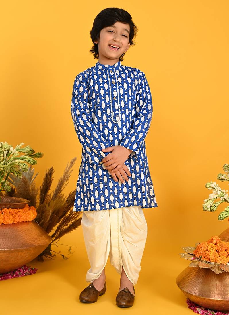 Saka Designs Boys Blue Quirky Fish Printed Kurta with Dhoti