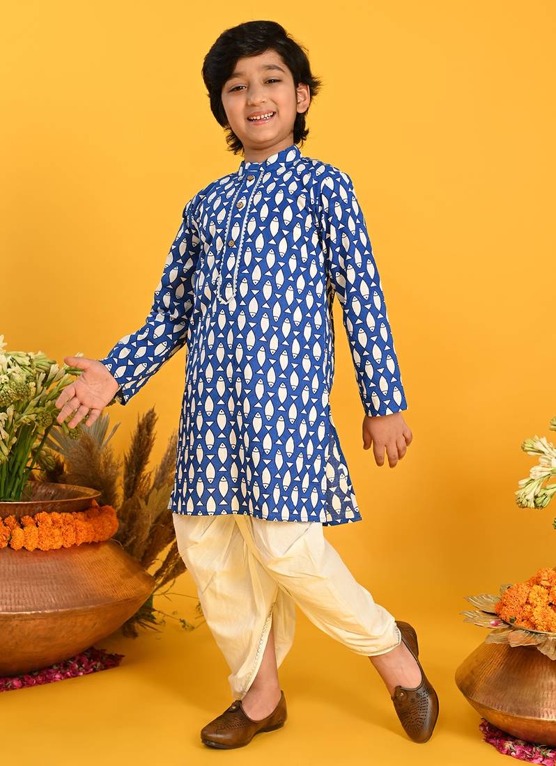 Saka Designs Boys Blue Quirky Fish Printed Kurta with Dhoti