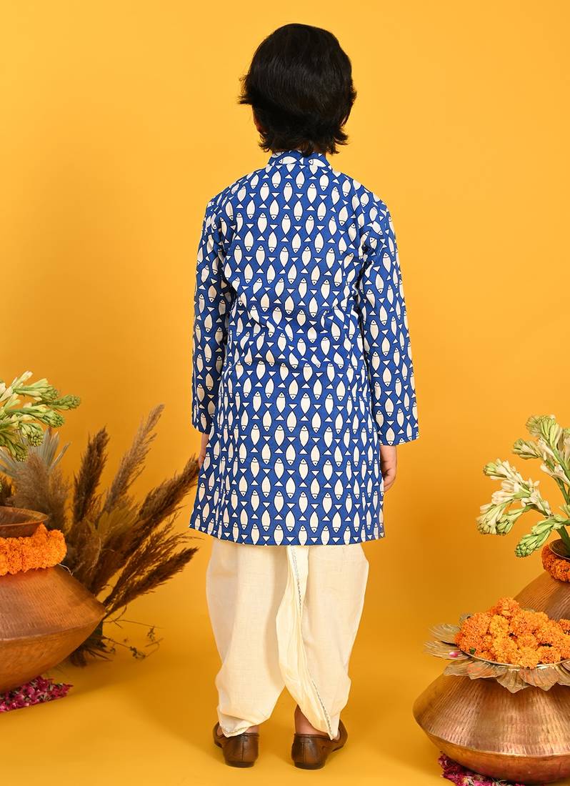 Saka Designs Boys Blue Quirky Fish Printed Kurta with Dhoti