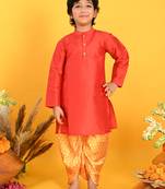 Saka Designs Boys Red Kurta with Mustard Bandhani Dhoti