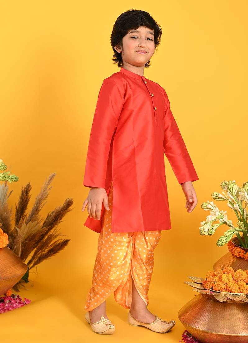 Saka Designs Boys Red Kurta with Mustard Bandhani Dhoti