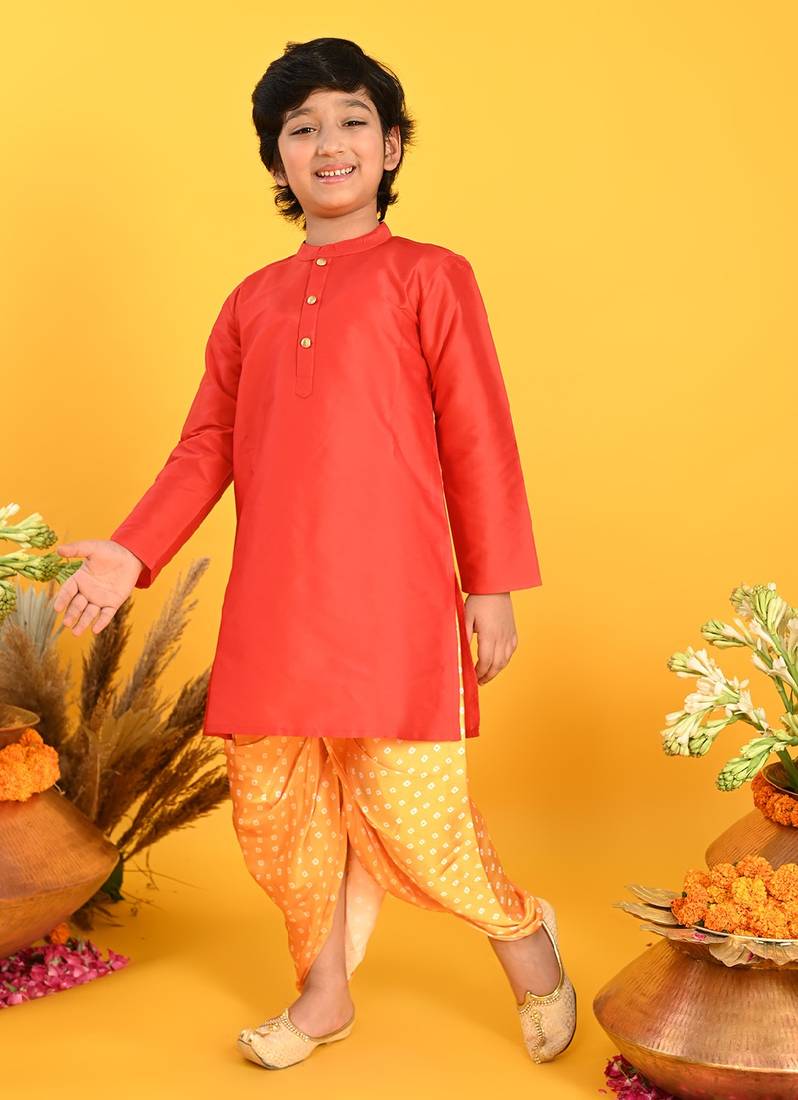 Saka Designs Boys Red Kurta with Mustard Bandhani Dhoti