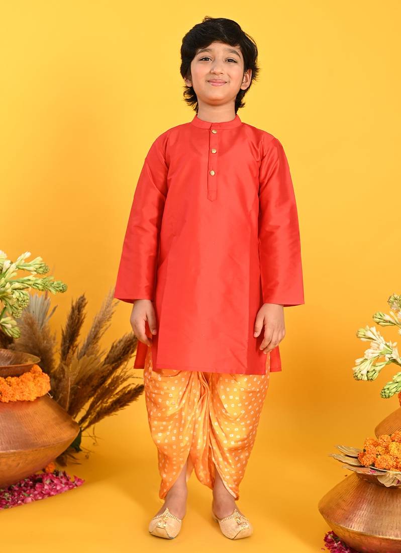 Saka Designs Boys Red Kurta with Mustard Bandhani Dhoti