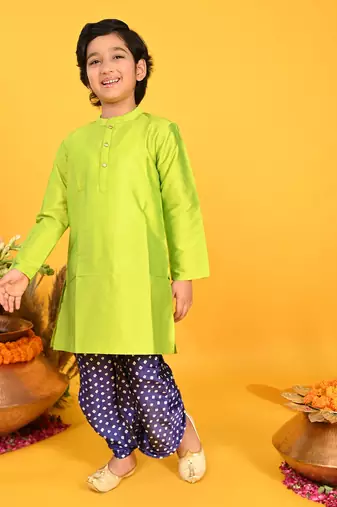 Saka Designs Boys Green Kurta With Blue Bandhani Dhoti