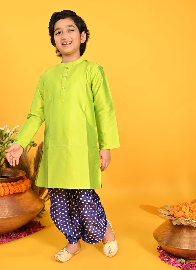 Saka Designs Boys Green Kurta With Blue Bandhani Dhoti