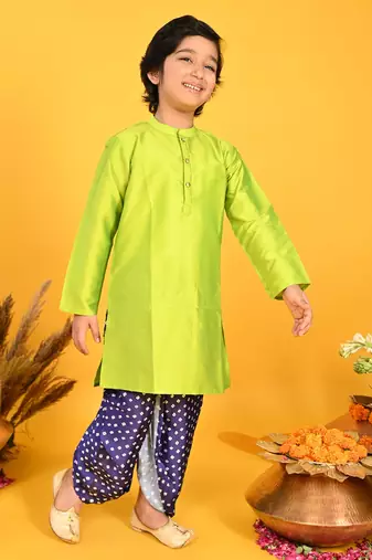 Saka Designs Boys Green Kurta With Blue Bandhani Dhoti