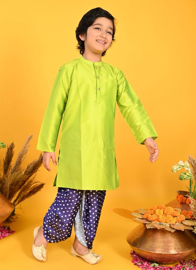 Saka Designs Boys Green Kurta With Blue Bandhani Dhoti