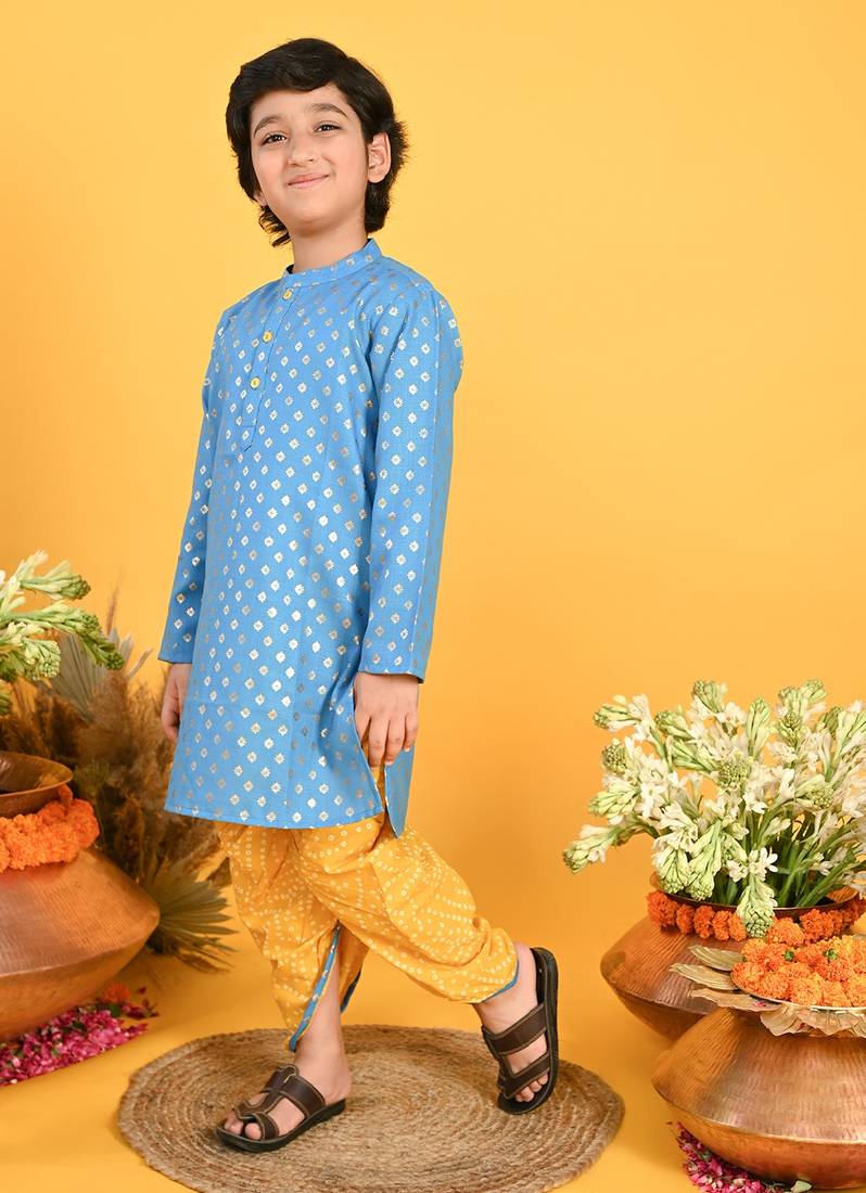Saka Designs Boys Blue Kurta & Yellow Bandhani Printed Dhoti
