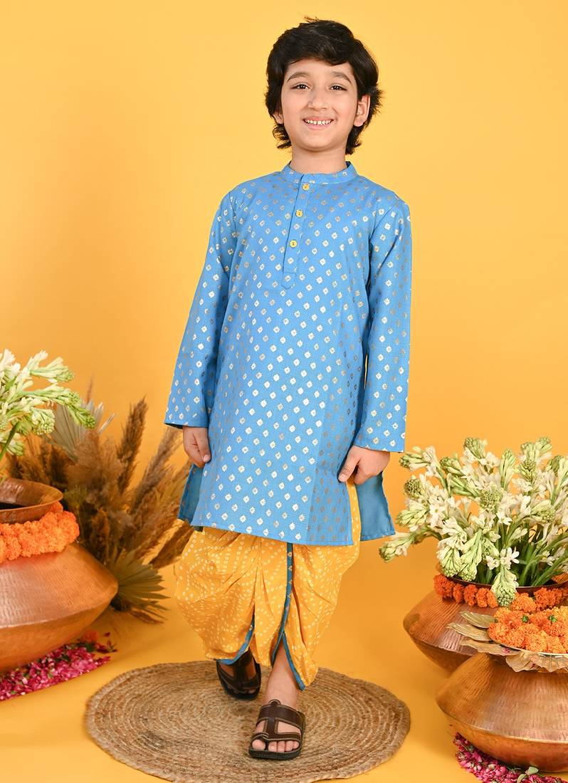 Saka Designs Boys Blue Kurta & Yellow Bandhani Printed Dhoti