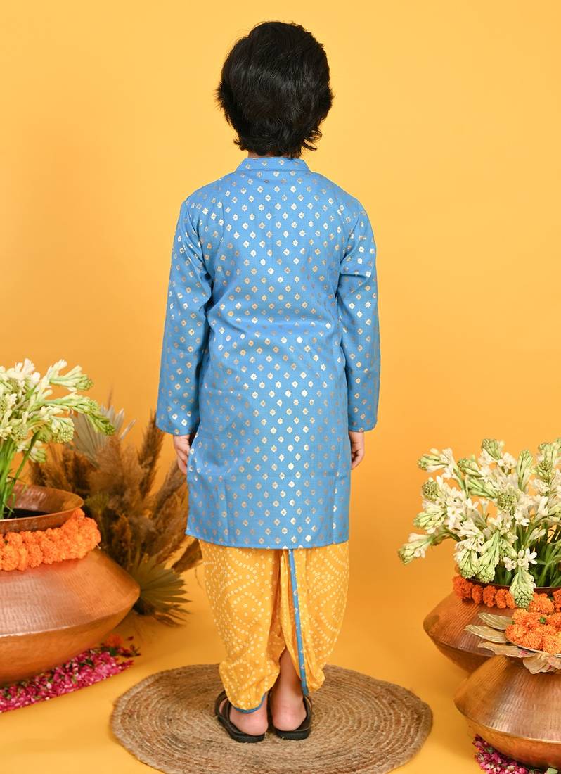 Saka Designs Boys Blue Kurta & Yellow Bandhani Printed Dhoti