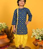 Saka Designs Boys Blue Bandhani Printed Cotton Kurta with Yellow Dhoti
