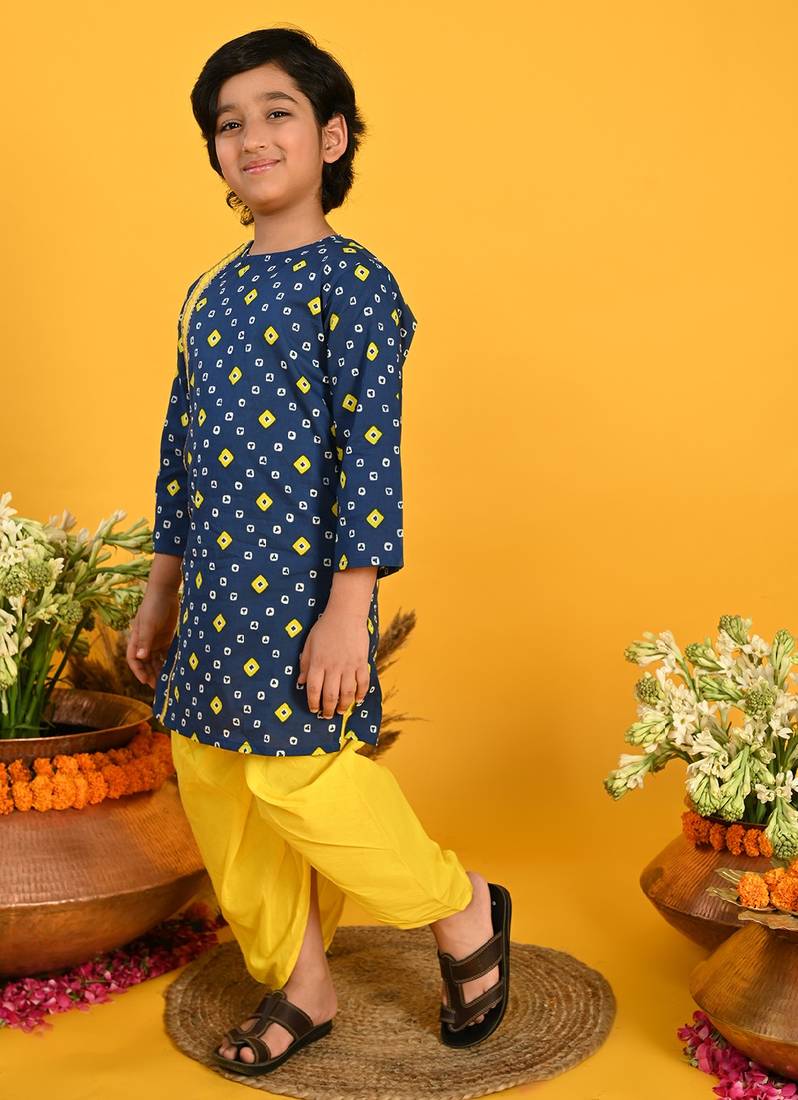 Saka Designs Boys Blue Bandhani Printed Cotton Kurta with Yellow Dhoti