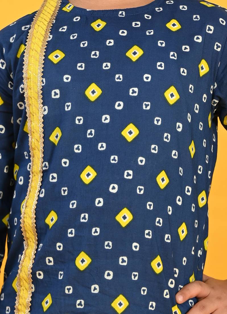 Saka Designs Boys Blue Bandhani Printed Cotton Kurta with Yellow Dhoti