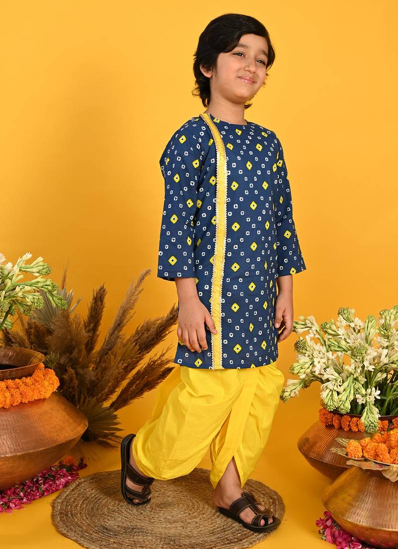 Saka Designs Boys Blue Bandhani Printed Cotton Kurta with Yellow Dhoti