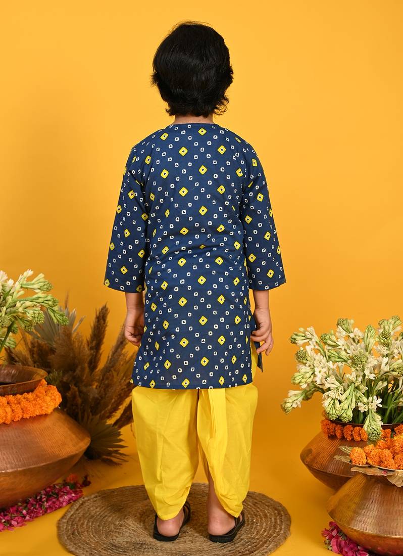 Saka Designs Boys Blue Bandhani Printed Cotton Kurta with Yellow Dhoti