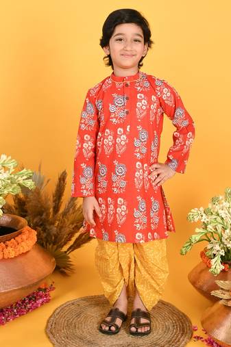 Saka Designs Boys Red & Yellow Bandhani Printed Kurta with Dhoti