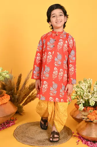 Saka Designs Boys Red & Yellow Bandhani Printed Kurta with Dhoti