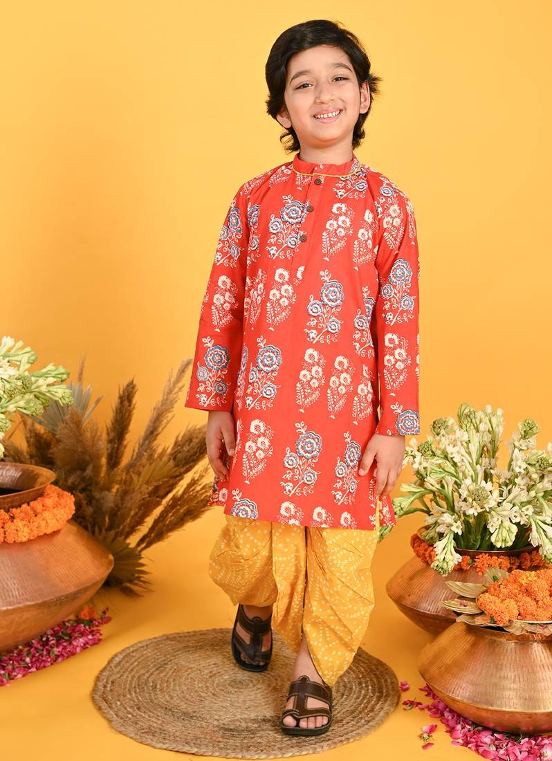 Saka Designs Boys Red & Yellow Bandhani Printed Kurta with Dhoti