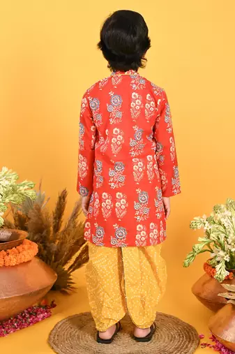 Saka Designs Boys Red & Yellow Bandhani Printed Kurta with Dhoti