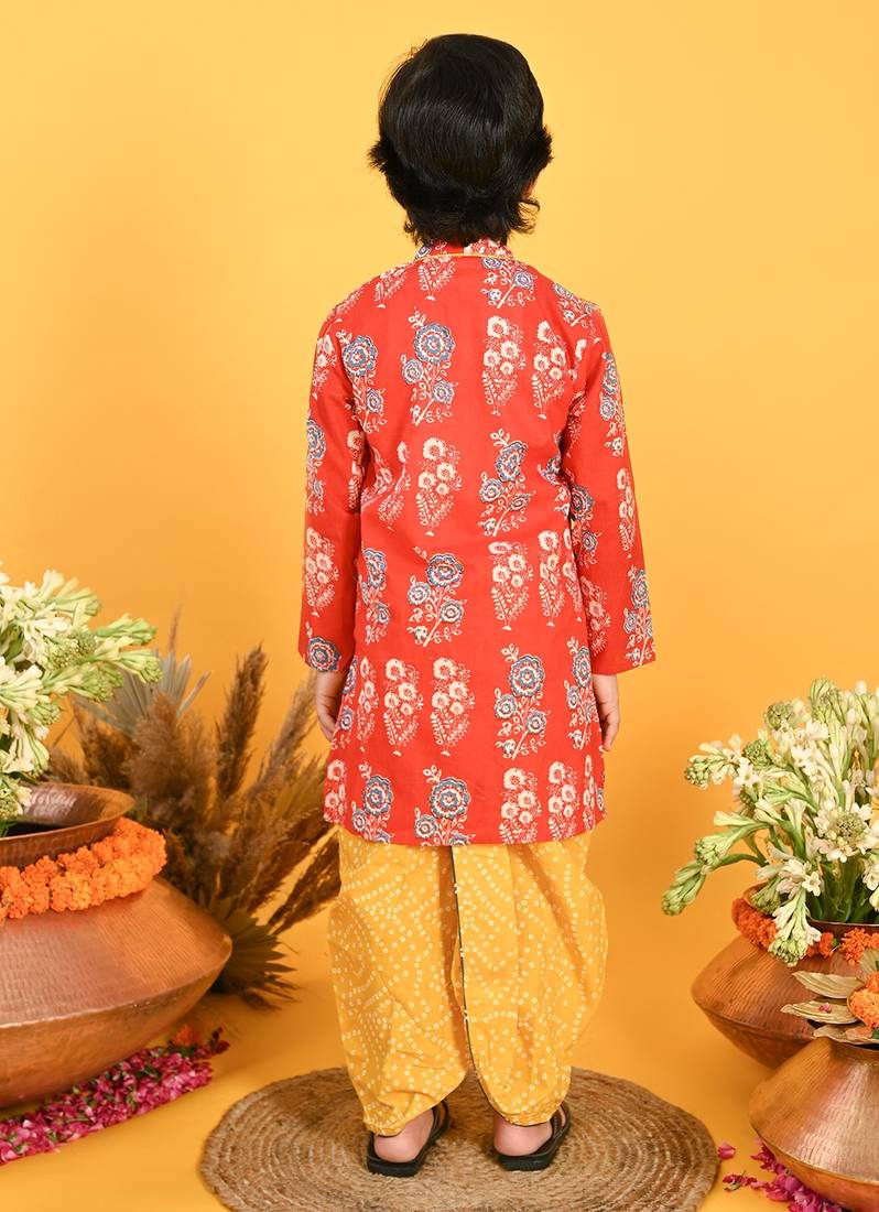Saka Designs Boys Red & Yellow Bandhani Printed Kurta with Dhoti
