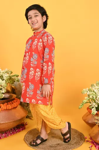 Saka Designs Boys Red & Yellow Bandhani Printed Kurta with Dhoti