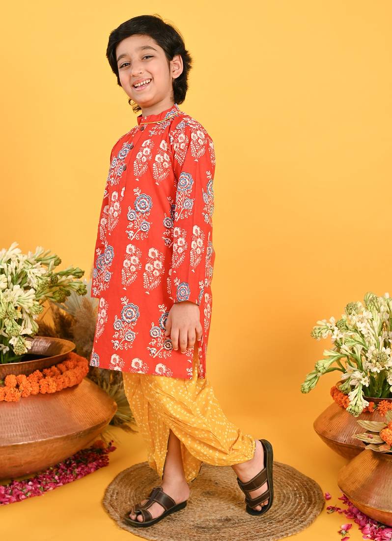 Saka Designs Boys Red & Yellow Bandhani Printed Kurta with Dhoti