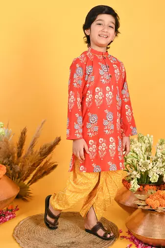 Saka Designs Boys Red & Yellow Bandhani Printed Kurta with Dhoti