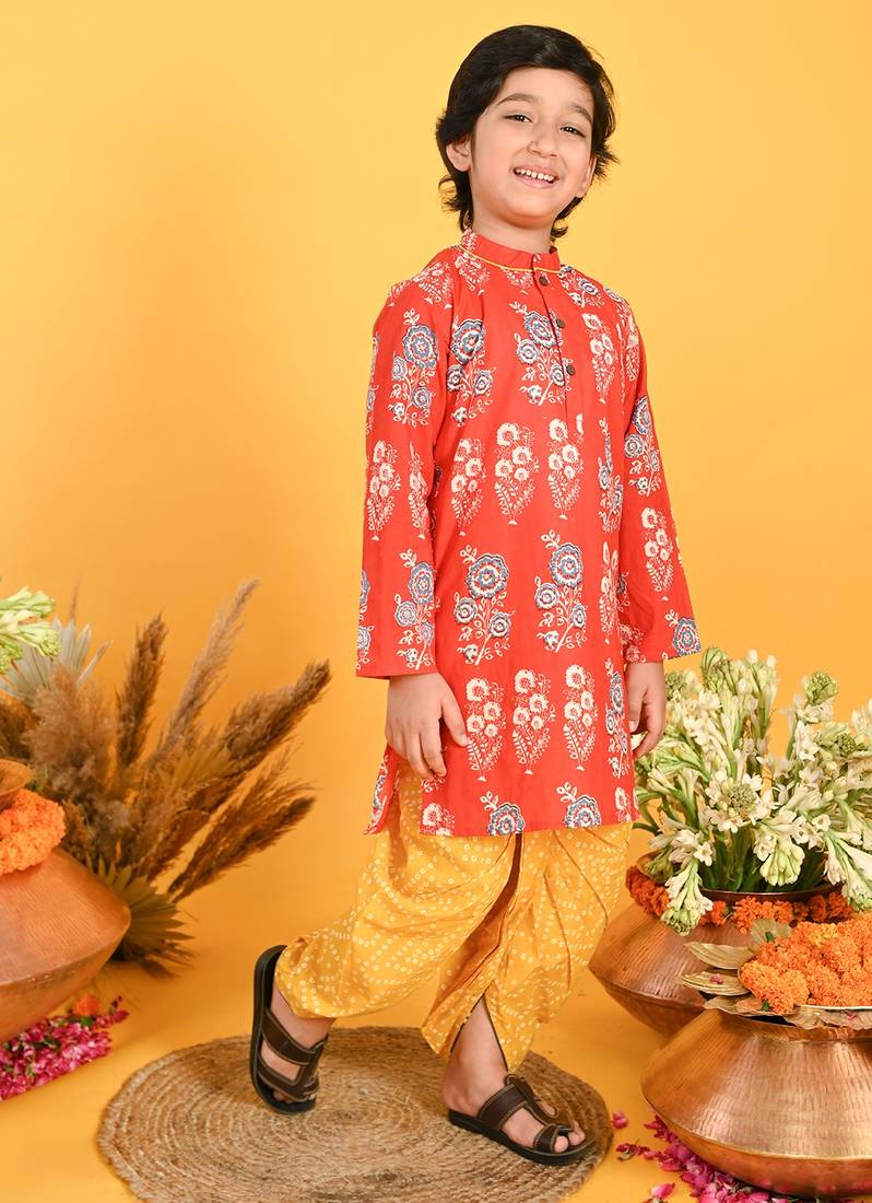 Saka Designs Boys Red & Yellow Bandhani Printed Kurta with Dhoti