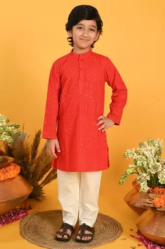 Saka Designs Boys Red Embroidered Kurta With Payjama