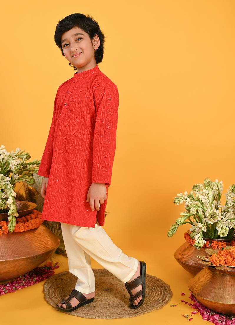 Saka Designs Boys Red Embroidered Kurta With Payjama