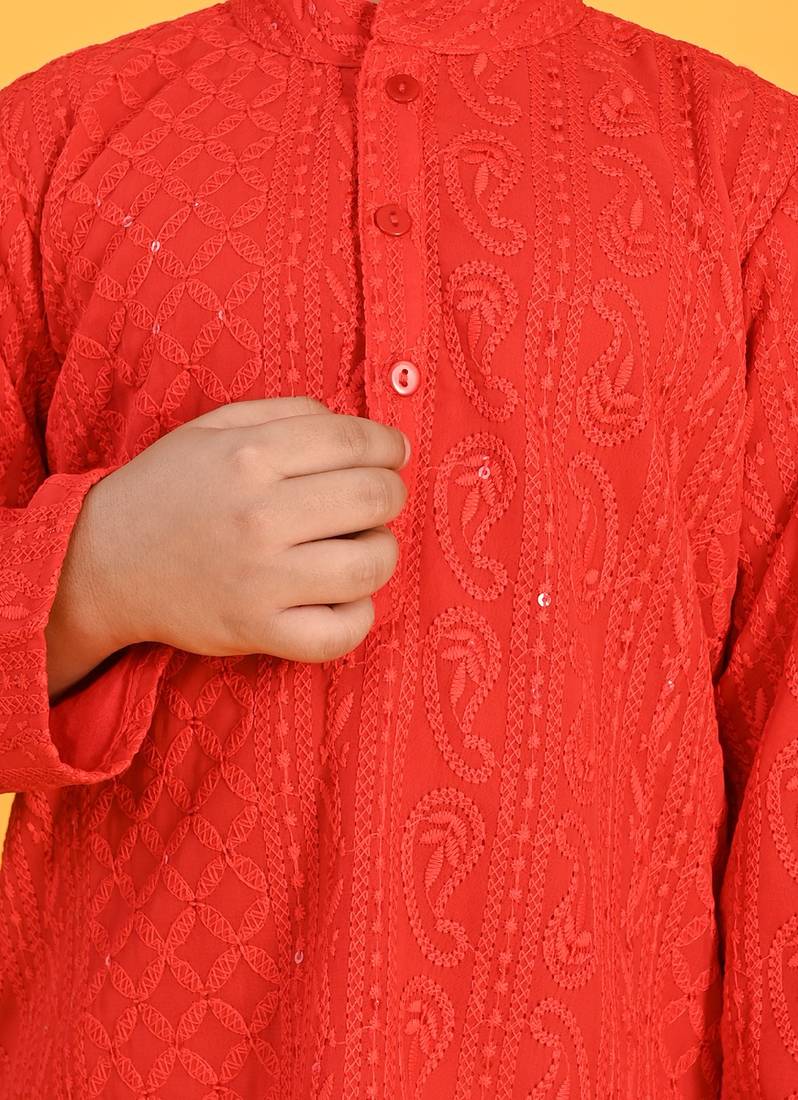 Saka Designs Boys Red Embroidered Kurta With Payjama